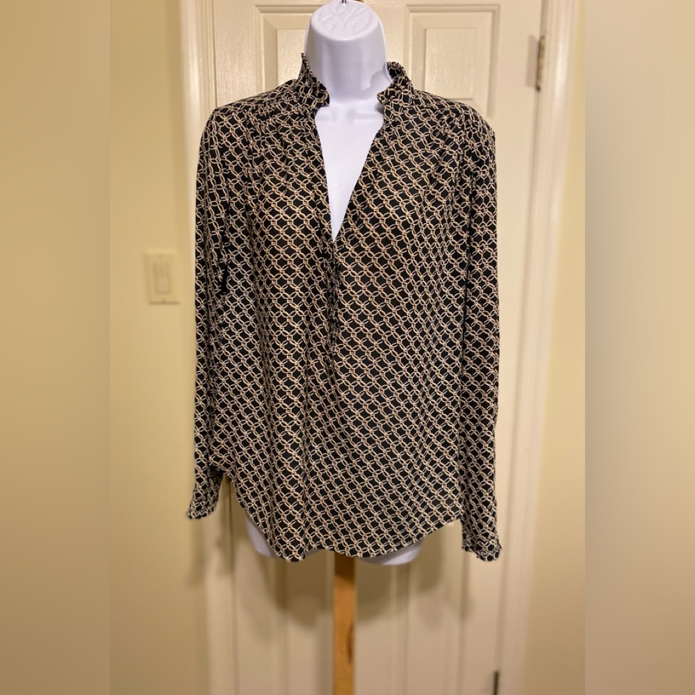 Chico's Black and Cream Tunic Top with Elegant Design, Size: 8